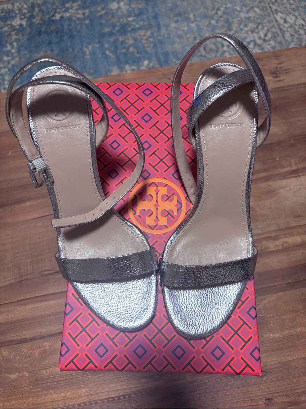 Tory Burch Silver Metallic Ankle-Strap Heels